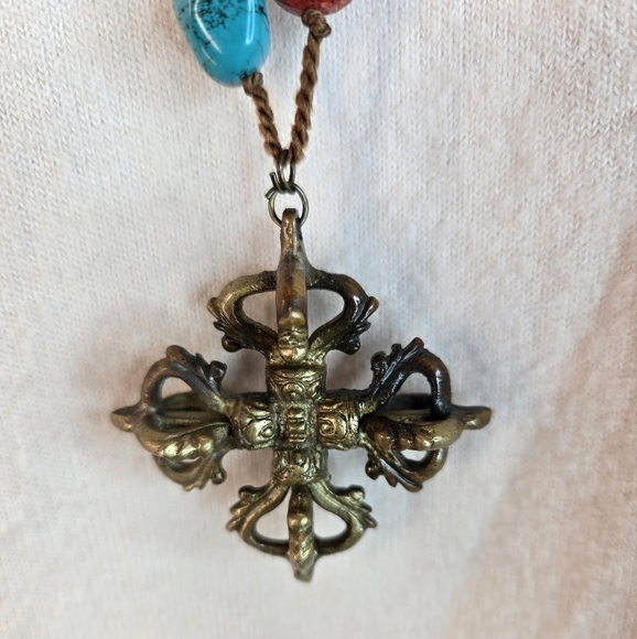 Vintage Turquoise,lemon Jasper & Red Quartz Bronze Pendant Necklace Hand Knotted - Picture 2 of 11